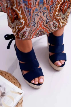 Sandały Damskie Na Koturnie Granatowe Yenga