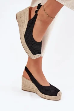 Sandały Damskie Na Koturnie Z Plecionką Czarne Tulliata