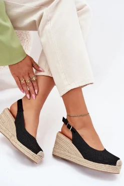 Sandały Damskie Na Koturnie Z Plecionką Czarne Tulliata