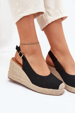 Sandały Damskie Na Koturnie Z Plecionką Czarne Tulliata