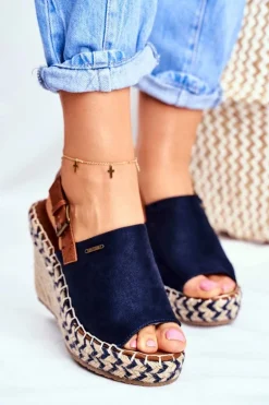 Sandały Damskie Na Koturnie Big Star Granatowe FF274980