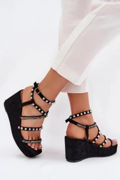 Sandały Damskie Na Koturnie Ze Zdobieniem Na Paskach Czarne Lunara
