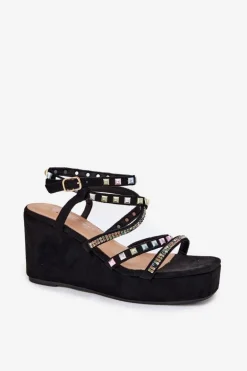 Sandały Damskie Na Koturnie Ze Zdobieniem Na Paskach Czarne Lunara