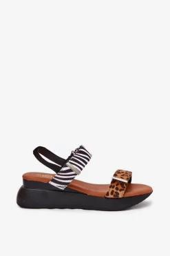 Sandały Damskie Na Koturnie Panterka I Zebra Brązowe Monera