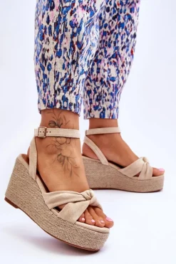 Sandały Damskie Na Koturnie Beżowe Kendall