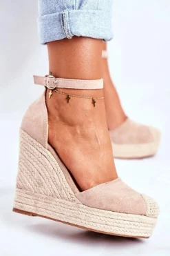 Sandały Damskie Na Koturnie Lniane Beżowe Avocado