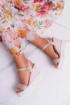 Sandały Damskie Na Koturnie Lniane Beżowe Liviana