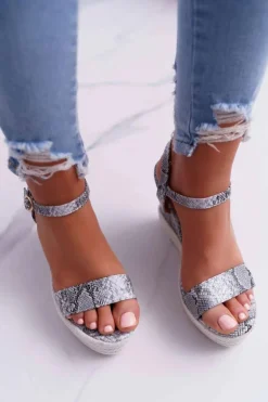 Sandały Damskie Na Koturnie Lniane Wężowe Liviana