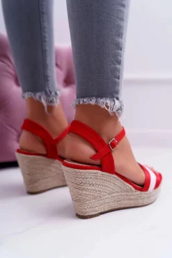 Sandały Damskie Na Koturnie Lniane Czerwone Renew