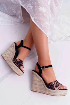 Sandały Damskie Na Koturnie Lniane Leopard Girenn