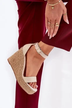 Sandały Damskie Na Koturnie Z Plecionką Beżowe Adelio