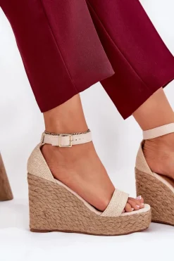Sandały Damskie Na Koturnie Z Plecionką Beżowe Adelio