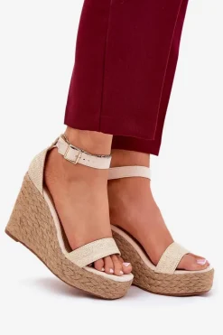 Sandały Damskie Na Koturnie Z Plecionką Beżowe Adelio