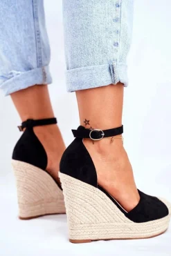 Sandały Damskie Na Koturnie Lniane Czarne Avocado