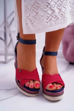 Sandały Damskie Na Koturnie Jeans Czerwone DoThis!