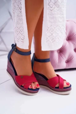 Sandały Damskie Na Koturnie Jeans Czerwone DoThis!