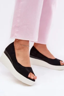 Sandały Damskie Na Koturnie Z Eko Zamszu Czarne Velira