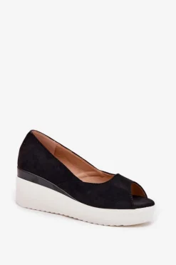 Sandały Damskie Na Koturnie Z Eko Zamszu Czarne Velira