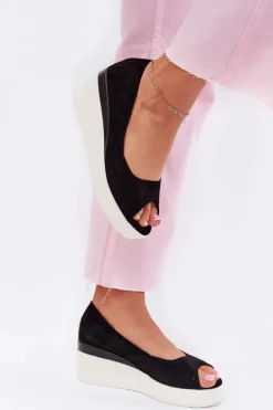 Sandały Damskie Na Koturnie Z Eko Zamszu Czarne Velira