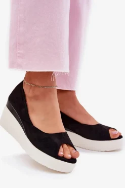 Sandały Damskie Na Koturnie Z Eko Zamszu Czarne Velira