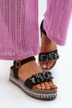 Sandały Damskie Na Koturnie I Platformie Z Ozdobami S.Barski HY056 Czarne