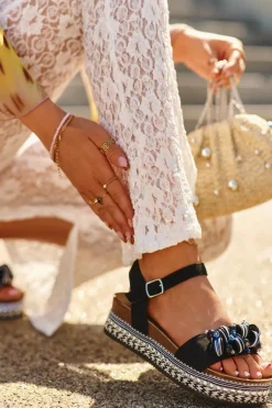 Sandały Damskie Na Koturnie I Platformie Z Ozdobami S.Barski HY056 Czarne