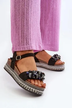 Sandały Damskie Na Koturnie I Platformie Z Ozdobami S.Barski HY056 Czarne