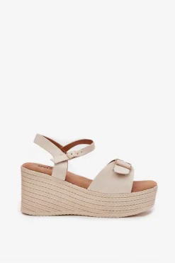 Sandały Damskie Na Koturnie Z Klamrą Beżowe Liniella