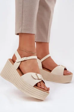 Sandały Damskie Na Koturnie Z Klamrą Beżowe Liniella