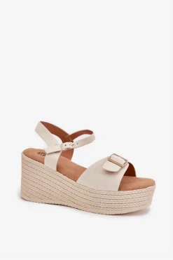 Sandały Damskie Na Koturnie Z Klamrą Beżowe Liniella