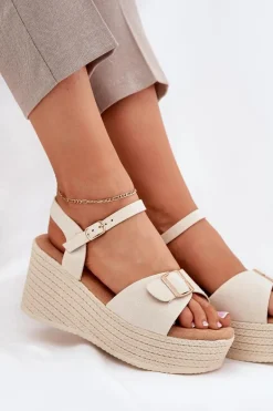 Sandały Damskie Na Koturnie Z Klamrą Beżowe Liniella