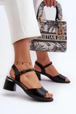 Sandały Damskie Na Niskim Obcasie Eko Skórzane Sergio Leone SK876 Czarne