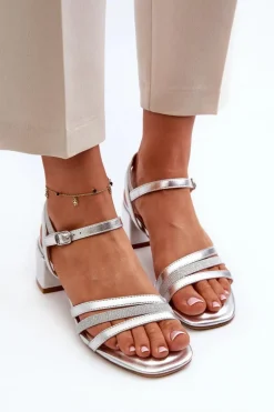 Sandały Damskie Na Niskim Obcasie Z Eko Skóry Sergio Leone SK046 Srebrne