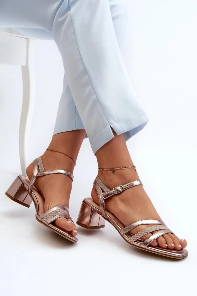 Sandały Damskie Na Niskim Obcasie Z Eko Skóry Sergio Leone SK046 Różowe Złoto