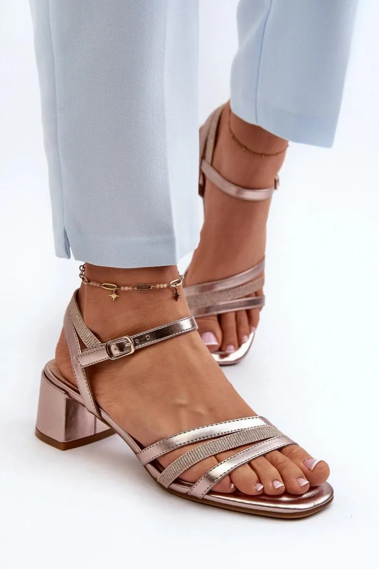 Sandały Damskie Na Niskim Obcasie Z Eko Skóry Sergio Leone SK046 Różowe Złoto