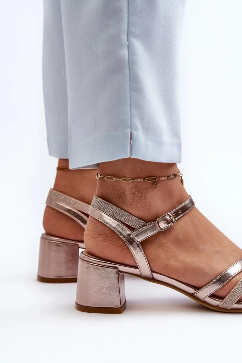 Sandały Damskie Na Niskim Obcasie Z Eko Skóry Sergio Leone SK046 Różowe Złoto