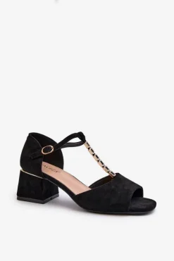 Sandały Damskie Na Obcasie Klocku Z Ozdobnym Paskiem Eko Zamszowe Czarne Obivena