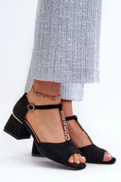 Sandały Damskie Na Obcasie Klocku Z Ozdobnym Paskiem Eko Zamszowe Czarne Obivena