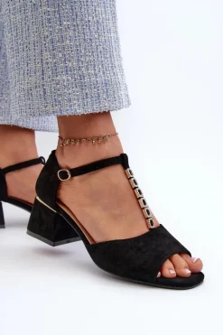 Sandały Damskie Na Obcasie Klocku Z Ozdobnym Paskiem Eko Zamszowe Czarne Obivena