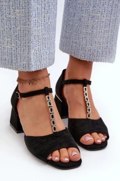 Sandały Damskie Na Obcasie Klocku Z Ozdobnym Paskiem Eko Zamszowe Czarne Obivena