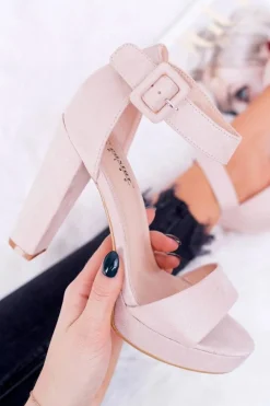 Sandały Damskie Na Obcasie Słupku Zamsz Beżowe ShakeUp