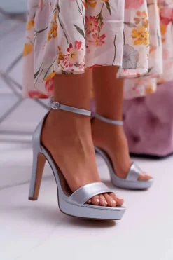 Sandały Damskie Na Obcasie Platformie Srebrne Ellania