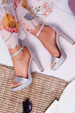 Sandały Damskie Na Obcasie Platformie Srebrne Ellania