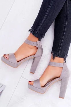 Sandały Damskie Na Obcasie Słupku Zamsz Szare ShakeUp
