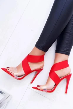 Sandały Damskie Na Obcasie Szeroki Pasek Czerwone Lights