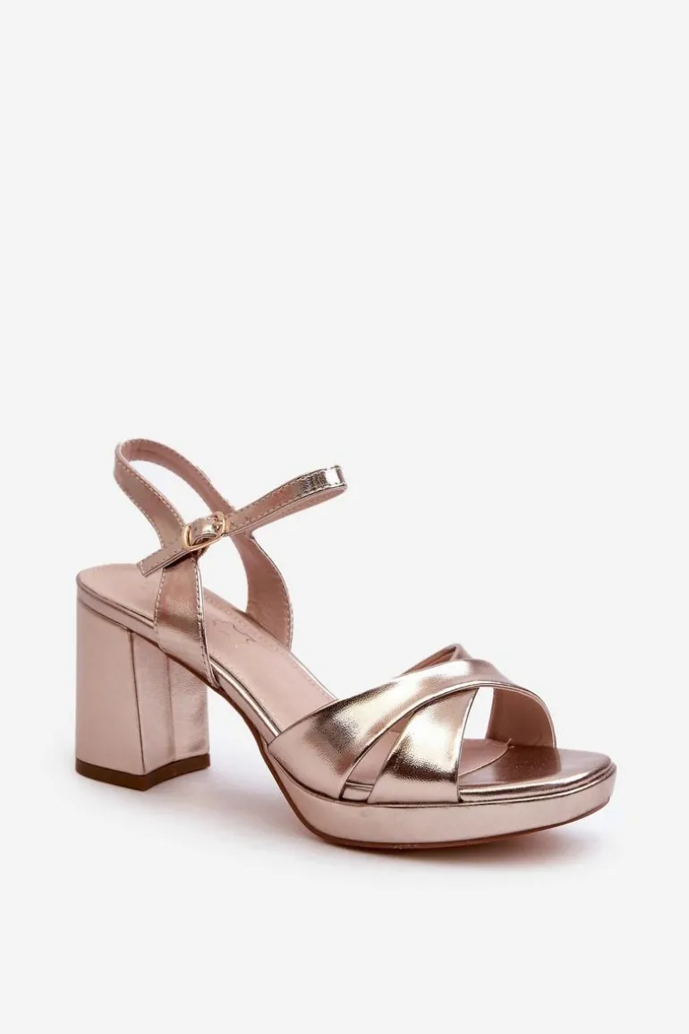 Sandały Damskie Na Obcasie Słupku Eko Skórzane Złote Jatine