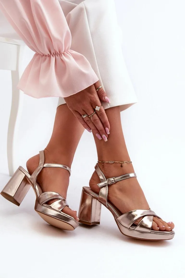 Sandały Damskie Na Obcasie Słupku Eko Skórzane Złote Jatine