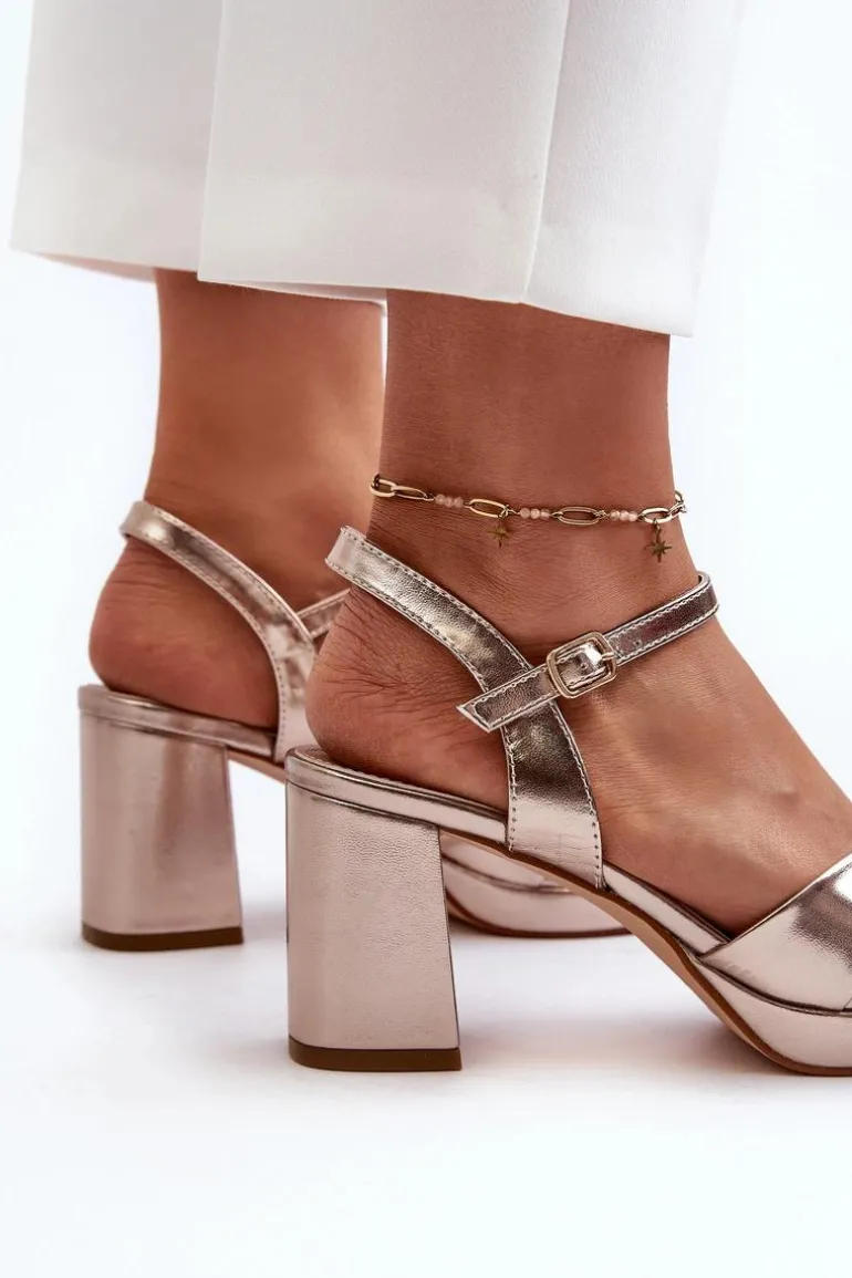 Sandały Damskie Na Obcasie Słupku Eko Skórzane Złote Jatine