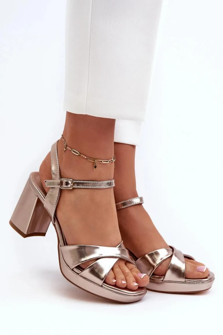 Sandały Damskie Na Obcasie Słupku Eko Skórzane Złote Jatine