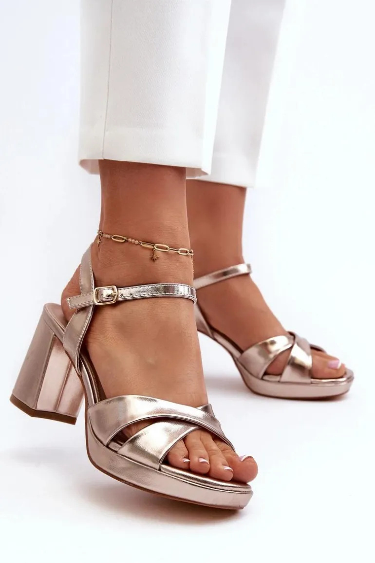 Sandały Damskie Na Obcasie Słupku Eko Skórzane Złote Jatine